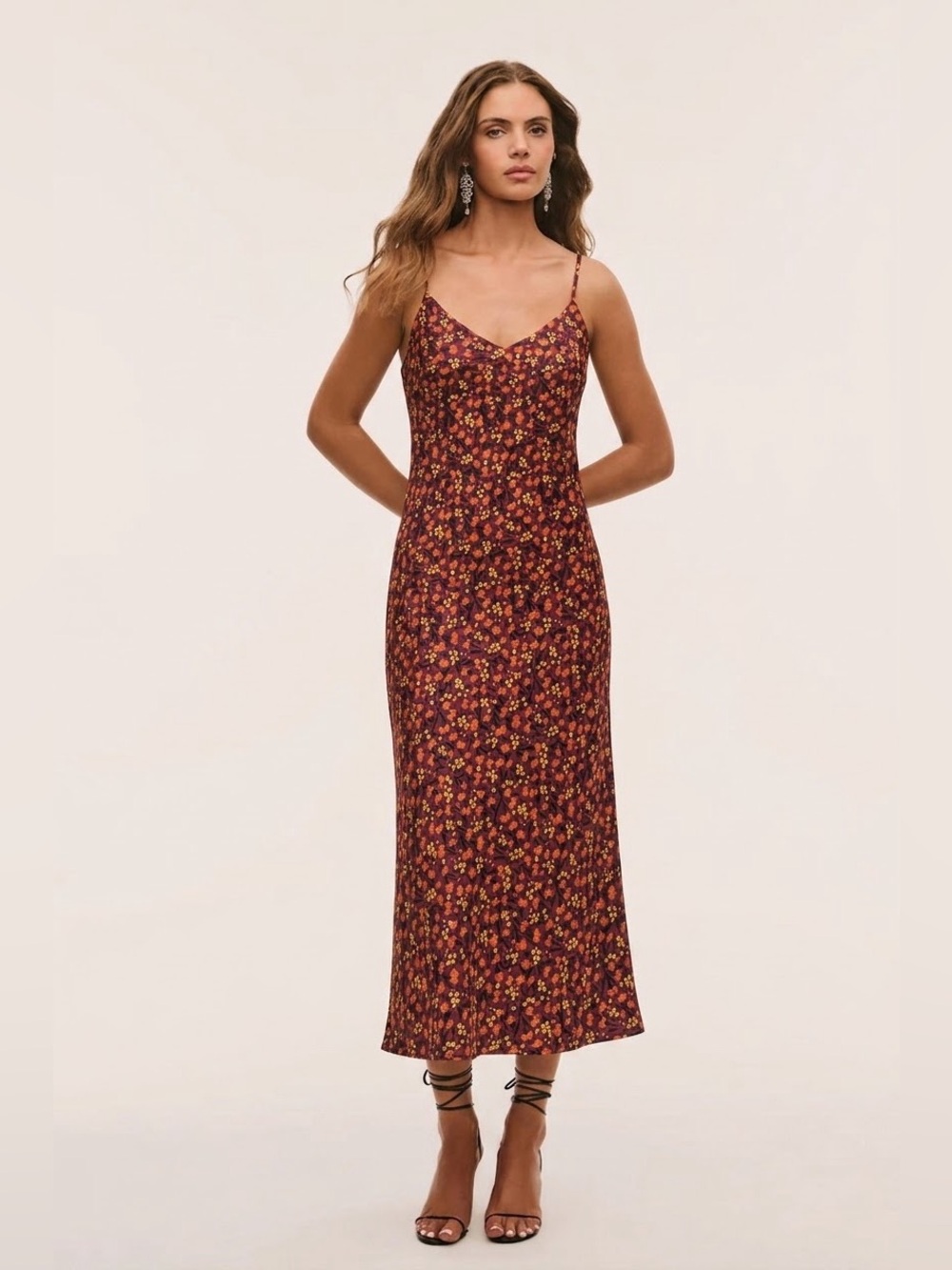 Zara Ditsy Floral Slip Dress Burgundy Autumn Midi Sz Small Whimsigoth Going Out
